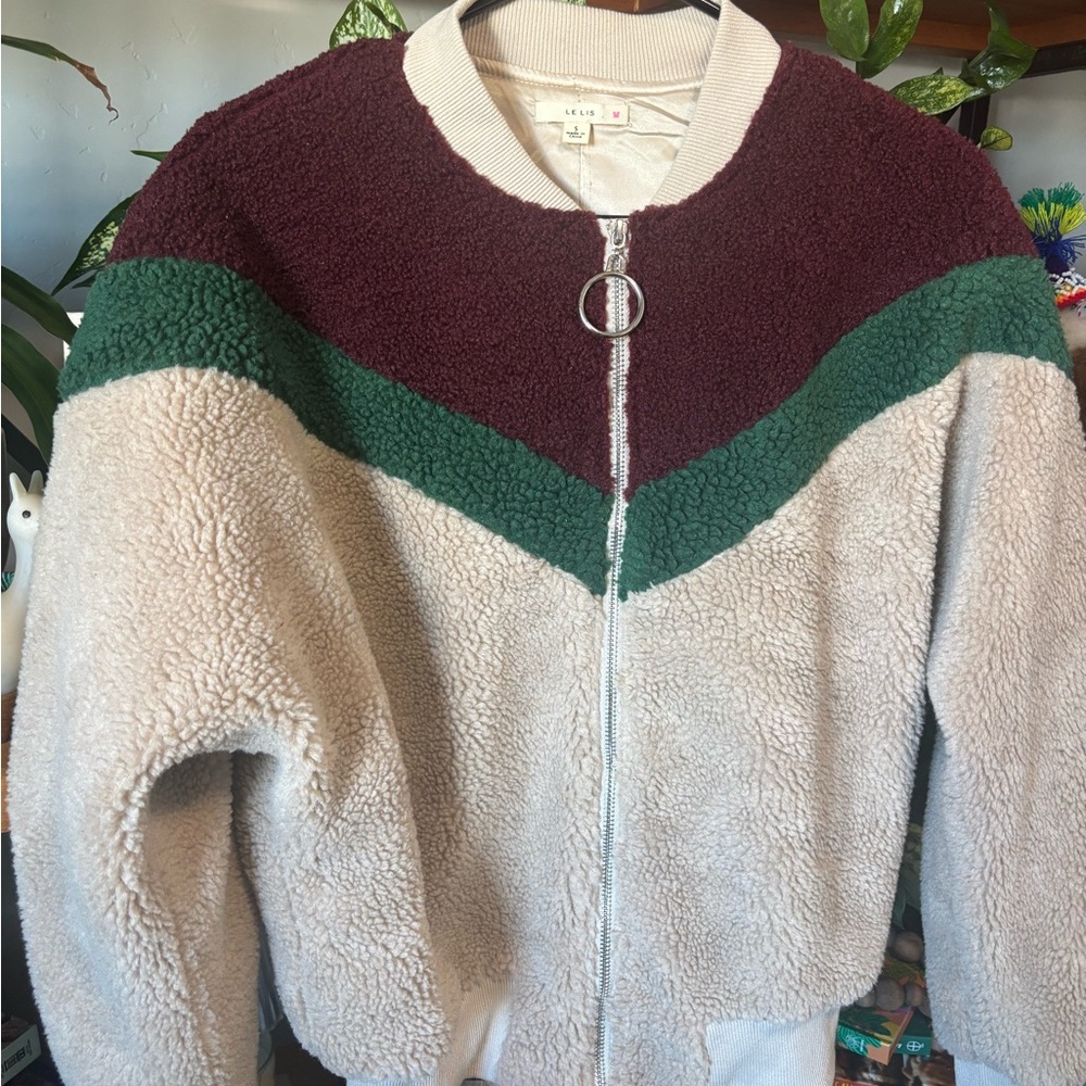 Le Lis Burgundy and Cream Sherpa Jacket